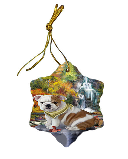 Scenic Waterfall Bulldog Star Porcelain Ornament SPOR50155