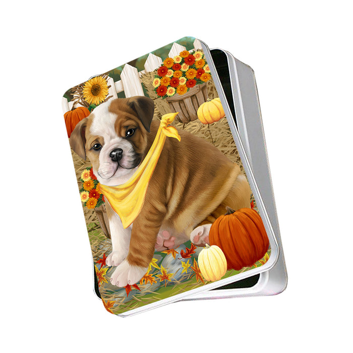 Fall Autumn Greeting Bulldog with Pumpkins Photo Storage Tin PITN50711