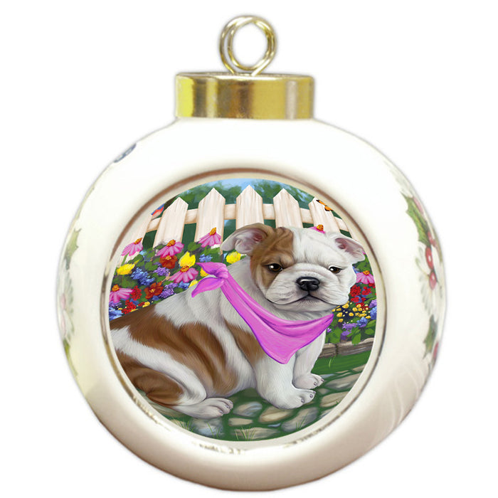 Spring Floral Bulldog Round Ball Christmas Ornament RBPOR49824