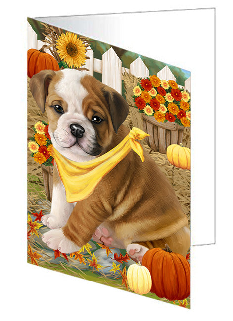 Fall Autumn Greeting Bulldog with Pumpkins Handmade Artwork Assorted Pets Greeting Cards and Note Cards with Envelopes for All Occasions and Holiday Seasons GCD56162