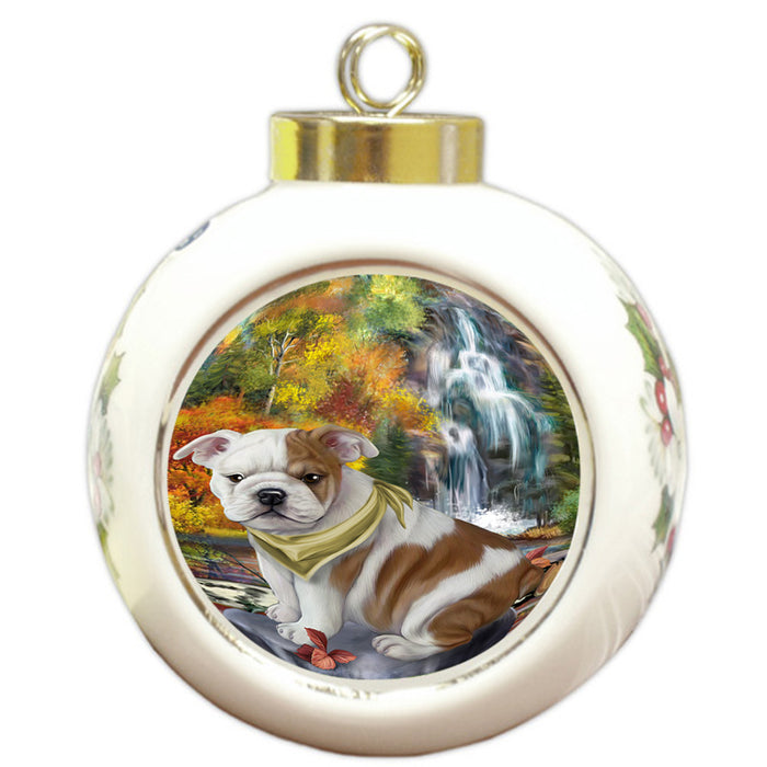 Scenic Waterfall Bulldog Round Ball Christmas Ornament RBPOR50163