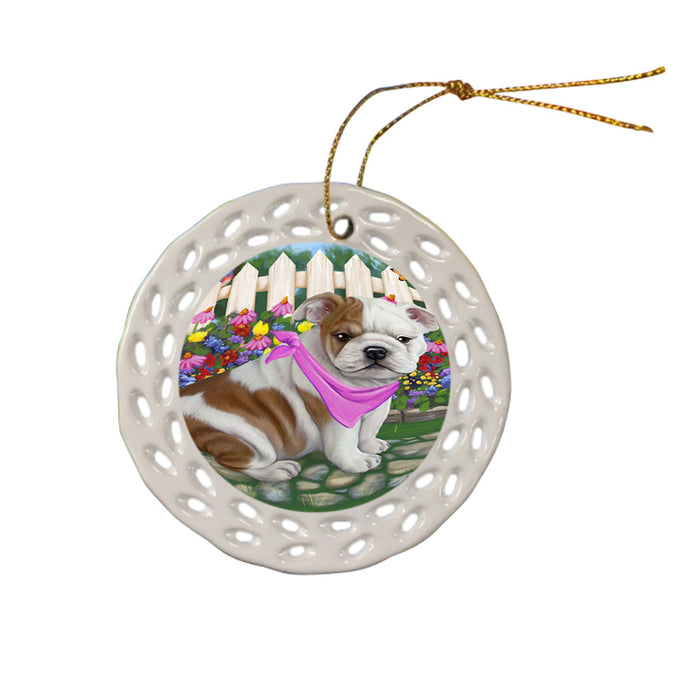 Spring Floral Bulldog Ceramic Doily Ornament DPOR49824