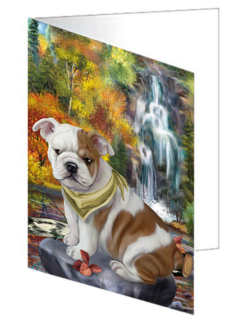 Scenic Waterfall Bulldog Handmade Artwork Assorted Pets Greeting Cards and Note Cards with Envelopes for All Occasions and Holiday Seasons GCD54518
