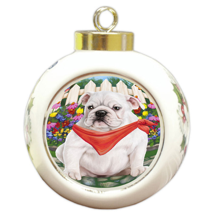 Spring Floral Bulldog Round Ball Christmas Ornament RBPOR49825