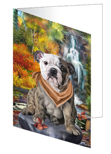 Scenic Waterfall Bulldog Handmade Artwork Assorted Pets Greeting Cards and Note Cards with Envelopes for All Occasions and Holiday Seasons GCD54521
