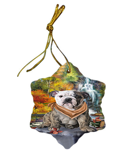 Scenic Waterfall Bulldog Star Porcelain Ornament SPOR50156