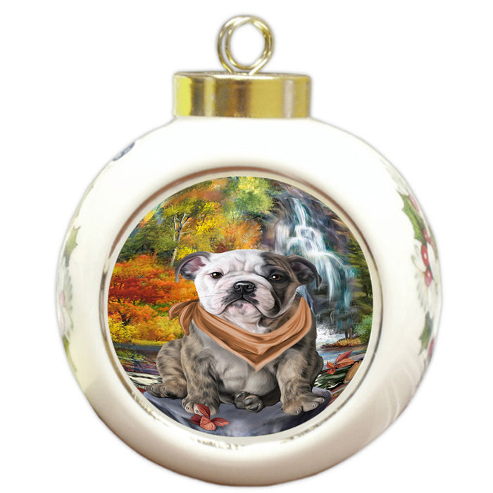 Scenic Waterfall Bulldog Round Ball Christmas Ornament RBPOR50164