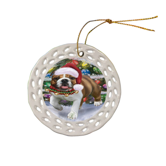 Trotting in the Snow Bulldog Ceramic Doily Ornament DPOR57001