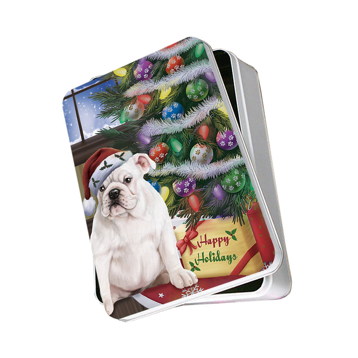 Christmas Happy Holidays Bulldog with Tree and Presents Photo Storage Tin PITN53752
