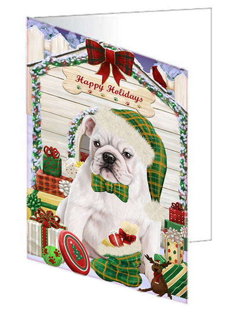 Happy Holidays Christmas Bulldog House with Presents Handmade Artwork Assorted Pets Greeting Cards and Note Cards with Envelopes for All Occasions and Holiday Seasons GCD58133