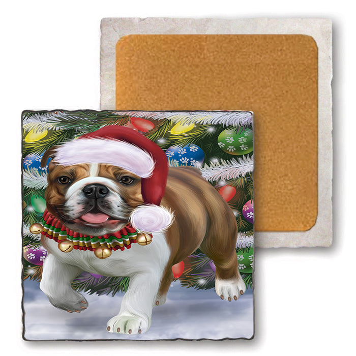 Trotting in the Snow Bulldog Set of 4 Natural Stone Marble Tile Coasters MCST51645