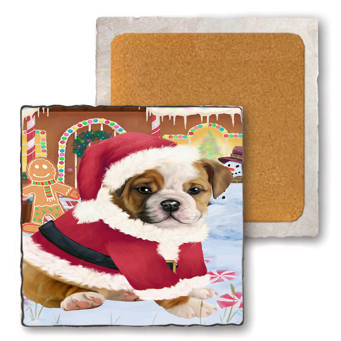 Christmas Gingerbread House Candyfest Bulldog Set of 4 Natural Stone Marble Tile Coasters MCST51220