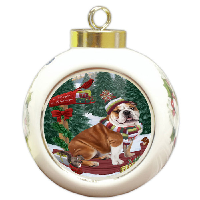 Merry Christmas Woodland Sled Bulldog Round Ball Christmas Ornament RBPOR55231