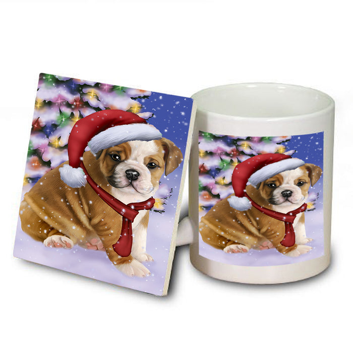 Winterland Wonderland Bulldog In Christmas Holiday Scenic Background  Mug and Coaster Set MUC53362