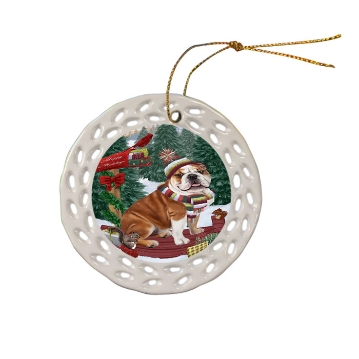 Merry Christmas Woodland Sled Bulldog Ceramic Doily Ornament DPOR55231