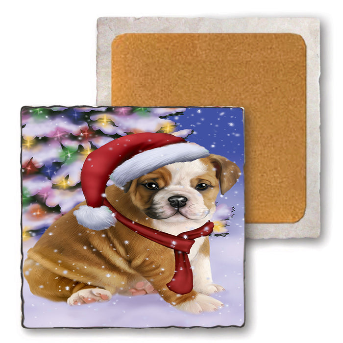 Winterland Wonderland Bulldog In Christmas Holiday Scenic Background  Set of 4 Natural Stone Marble Tile Coasters MCST48370