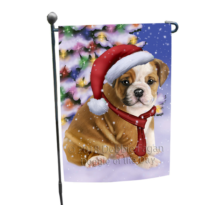 Winterland Wonderland Bulldog In Christmas Holiday Scenic Background  Garden Flag GFLG53432