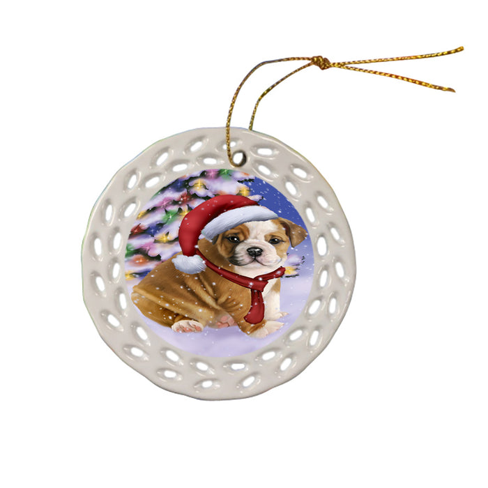 Winterland Wonderland Bulldog In Christmas Holiday Scenic Background  Ceramic Doily Ornament DPOR53370