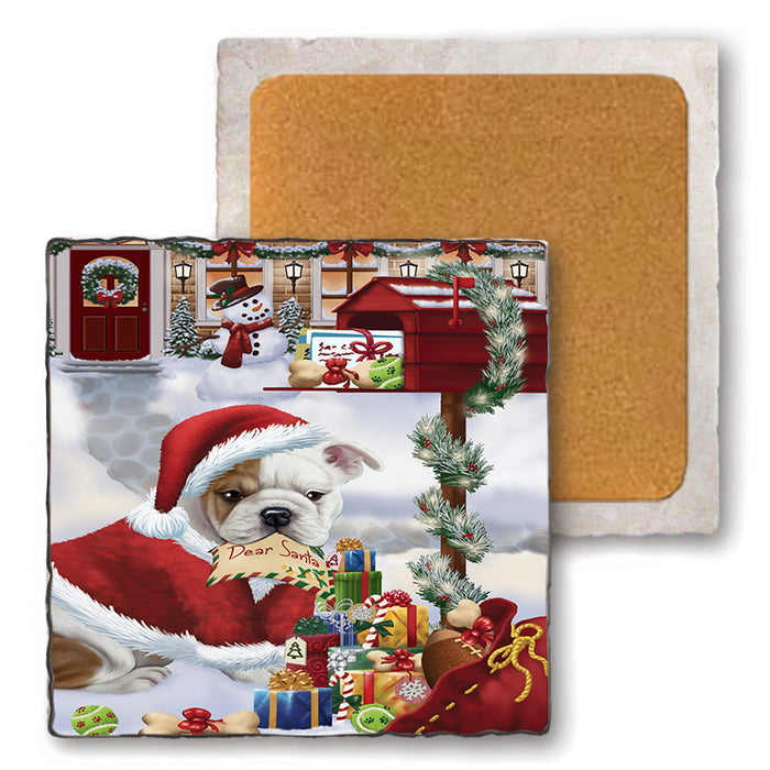 Bulldog Dear Santa Letter Christmas Holiday Mailbox Set of 4 Natural Stone Marble Tile Coasters MCST48879