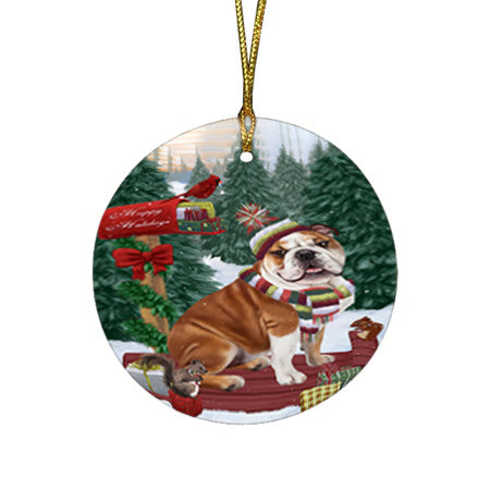 Merry Christmas Woodland Sled Bulldog Round Flat Christmas Ornament RFPOR55231