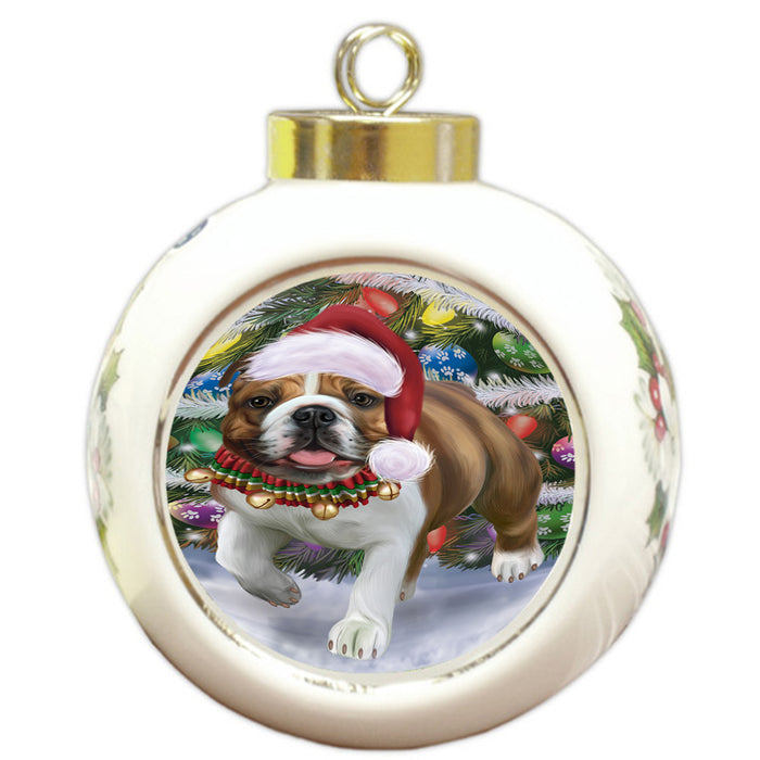 Trotting in the Snow Bulldog Round Ball Christmas Ornament RBPOR57001