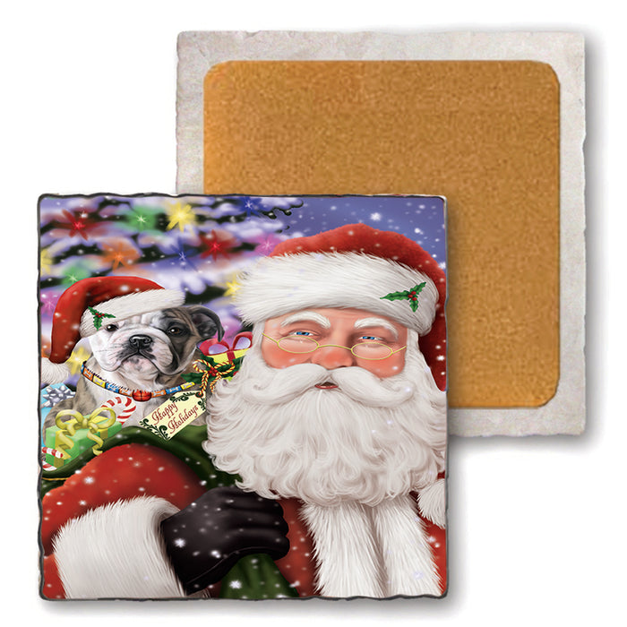 Santa Carrying Bulldog and Christmas Presents Set of 4 Natural Stone Marble Tile Coasters MCST48968