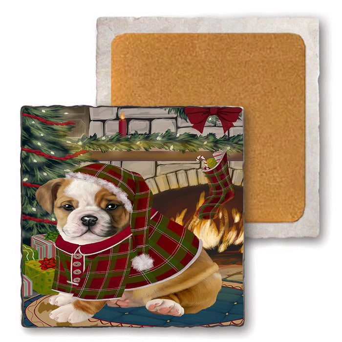 The Stocking was Hung Bulldog Set of 4 Natural Stone Marble Tile Coasters MCST50252