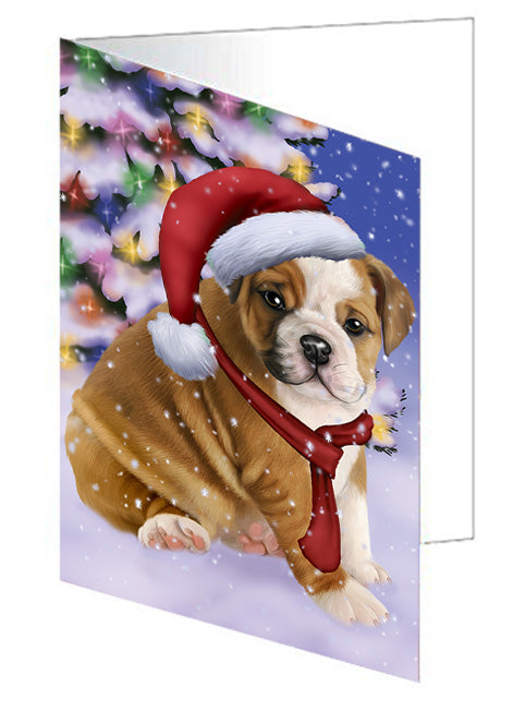 Winterland Wonderland Bulldog In Christmas Holiday Scenic Background  Handmade Artwork Assorted Pets Greeting Cards and Note Cards with Envelopes for All Occasions and Holiday Seasons GCD64139