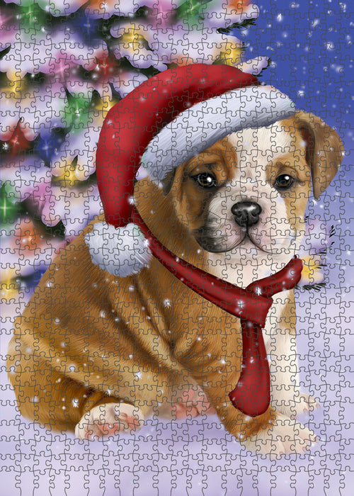 Winterland Wonderland Bulldog In Christmas Holiday Scenic Background Puzzle with Photo Tin PUZL80636