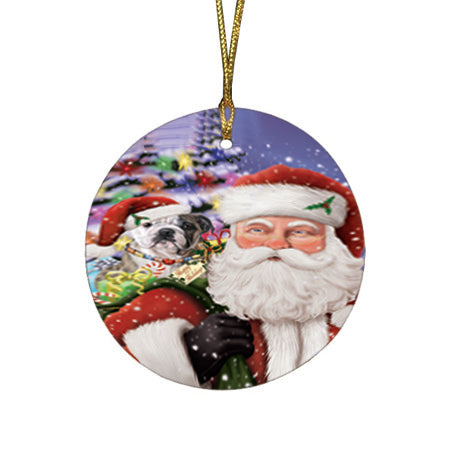 Santa Carrying Bulldog and Christmas Presents Round Flat Christmas Ornament RFPOR53959