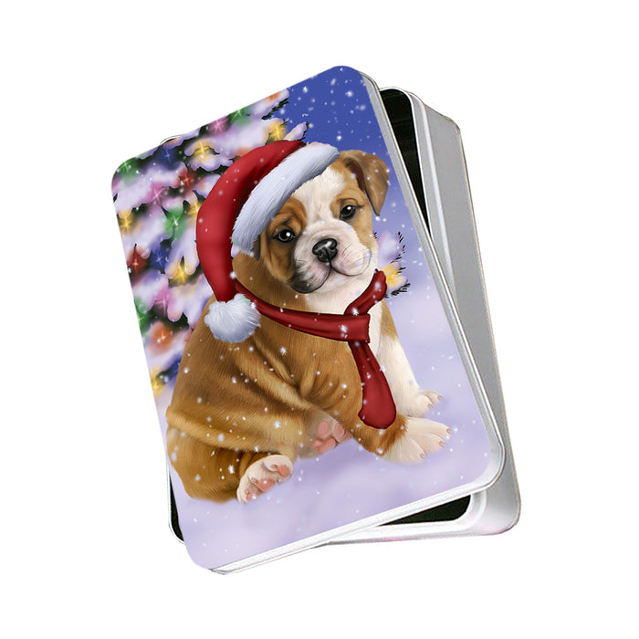 Winterland Wonderland Bulldog In Christmas Holiday Scenic Background Photo Storage Tin PITN53370