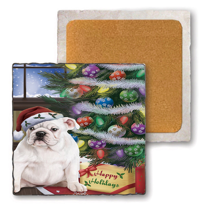 Christmas Happy Holidays Bulldog with Tree and Presents Set of 4 Natural Stone Marble Tile Coasters MCST48809