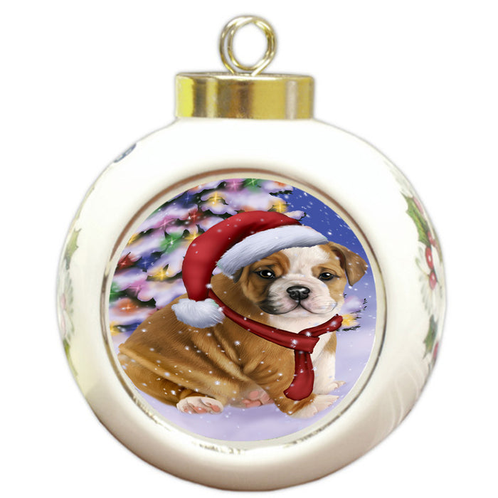 Winterland Wonderland Bulldog In Christmas Holiday Scenic Background  Round Ball Christmas Ornament RBPOR53370