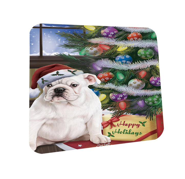 Christmas Happy Holidays Bulldog with Tree and Presents Coasters Set of 4 CST53767