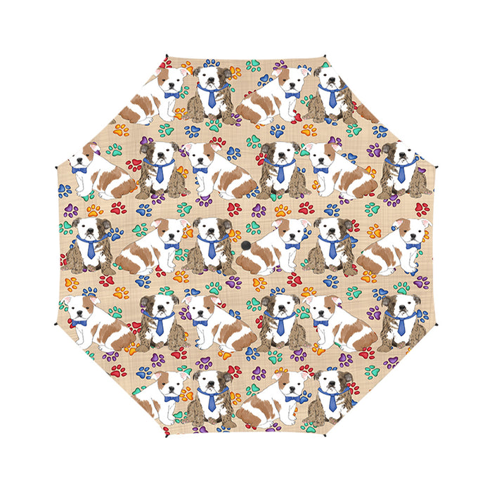 Rainbow Paw Print Bulldog Dogs Blue Semi-Automatic Foldable Umbrella