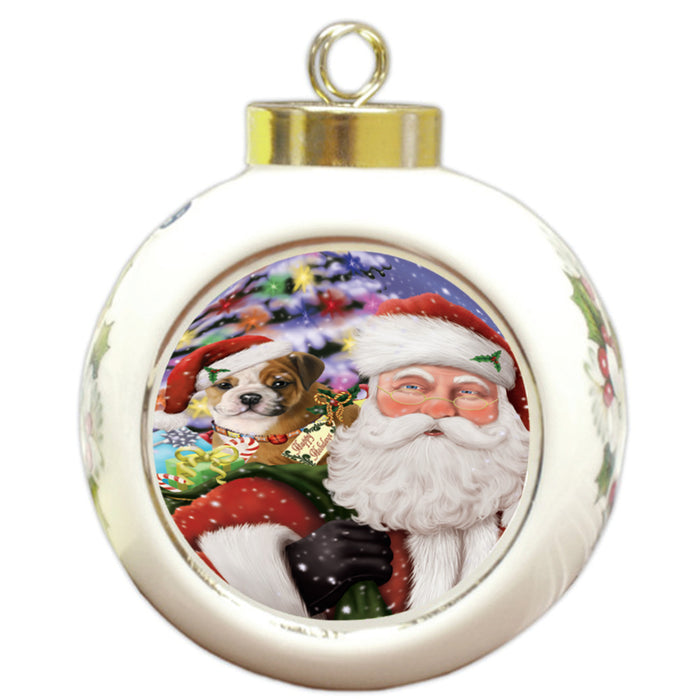 Santa Carrying Bulldog and Christmas Presents Round Ball Christmas Ornament RBPOR53969
