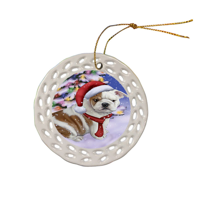 Winterland Wonderland Bulldog In Christmas Holiday Scenic Background  Ceramic Doily Ornament DPOR53371