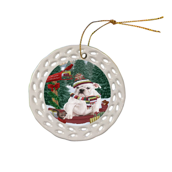 Merry Christmas Woodland Sled Bulldog Ceramic Doily Ornament DPOR55232