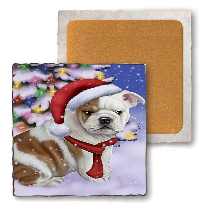 Winterland Wonderland Bulldog In Christmas Holiday Scenic Background  Set of 4 Natural Stone Marble Tile Coasters MCST48371
