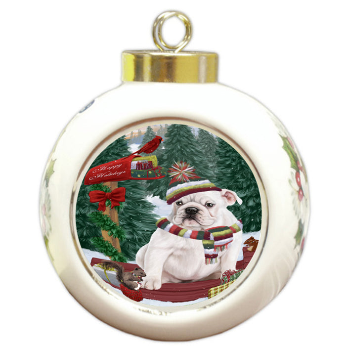 Merry Christmas Woodland Sled Bulldog Round Ball Christmas Ornament RBPOR55232