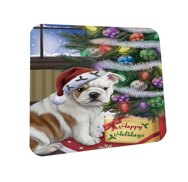 Christmas Happy Holidays Bulldog with Tree and Presents Coasters Set of 4 CST53768