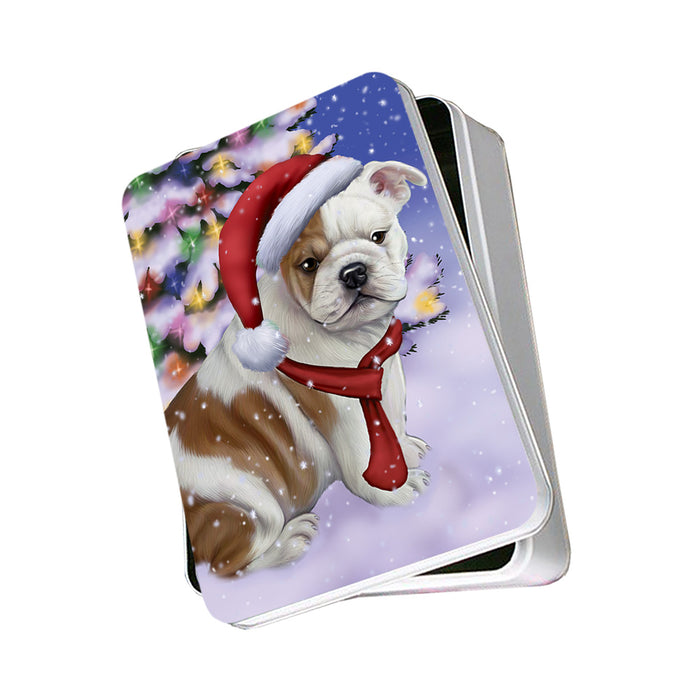 Winterland Wonderland Bulldog In Christmas Holiday Scenic Background Photo Storage Tin PITN53371