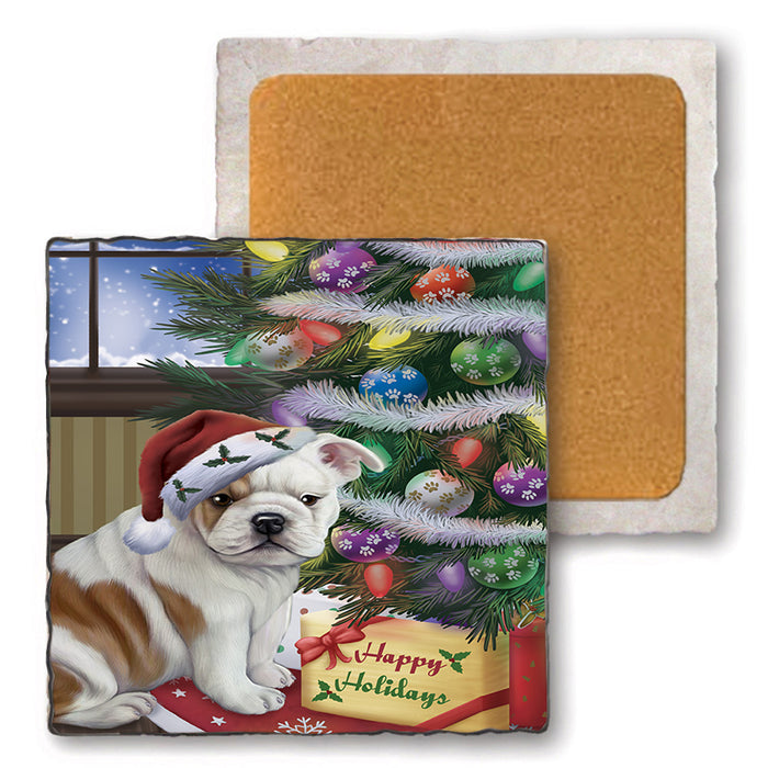 Christmas Happy Holidays Bulldog with Tree and Presents Set of 4 Natural Stone Marble Tile Coasters MCST48810
