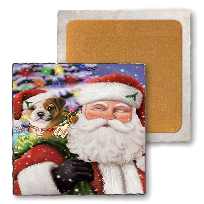 Santa Carrying Bulldog and Christmas Presents Set of 4 Natural Stone Marble Tile Coasters MCST48969