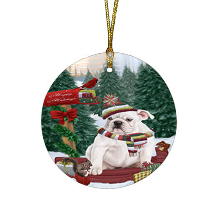 Merry Christmas Woodland Sled Bulldog Round Flat Christmas Ornament RFPOR55232