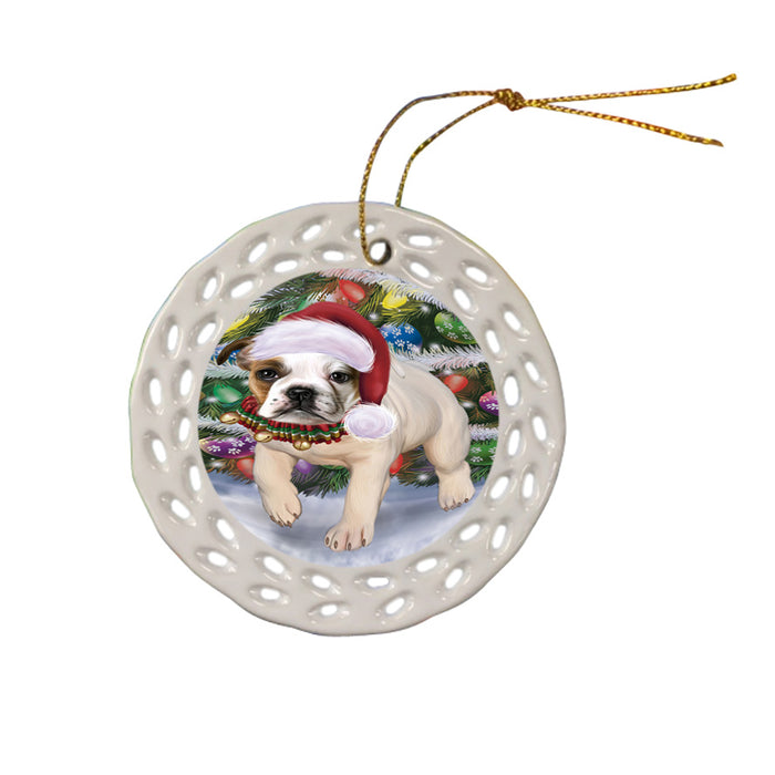 Trotting in the Snow Bulldog Ceramic Doily Ornament DPOR57002