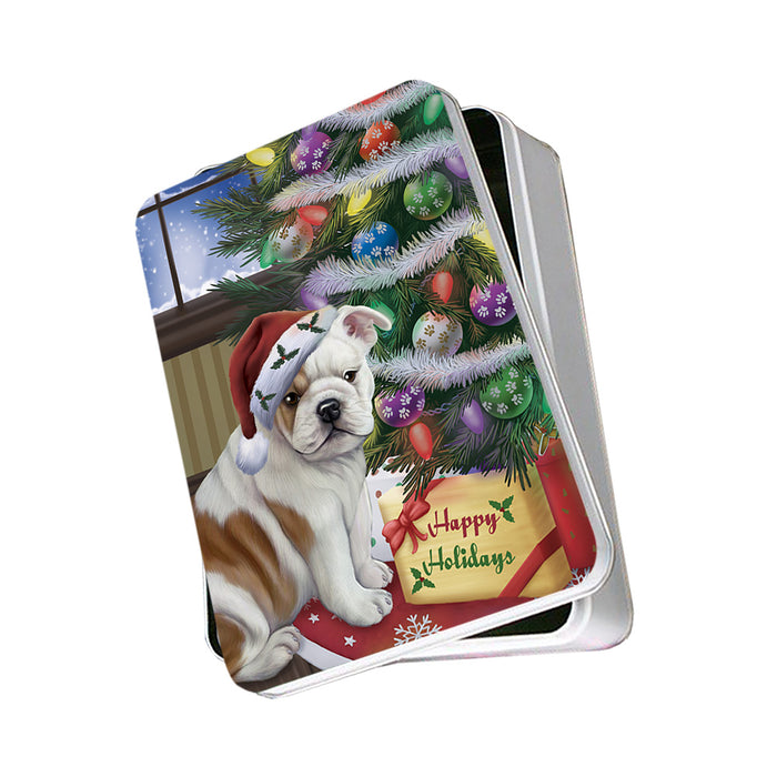 Christmas Happy Holidays Bulldog with Tree and Presents Photo Storage Tin PITN53753