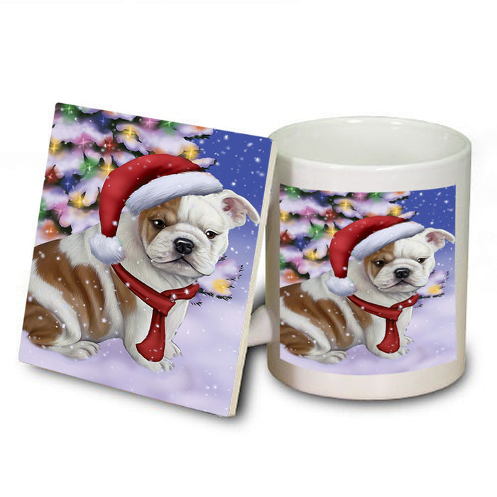 Winterland Wonderland Bulldog In Christmas Holiday Scenic Background  Mug and Coaster Set MUC53363