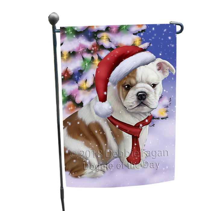 Winterland Wonderland Bulldog In Christmas Holiday Scenic Background  Garden Flag GFLG53433