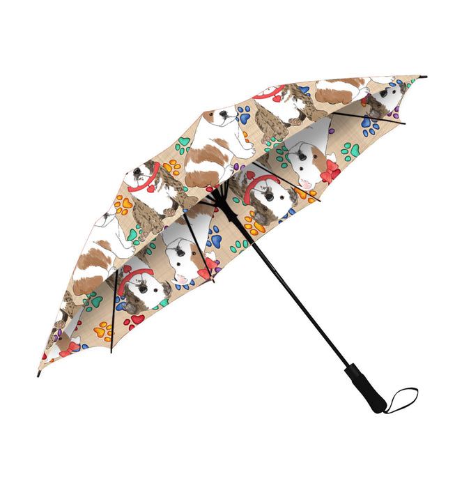 Rainbow Paw Print Bulldog Dogs Red Semi-Automatic Foldable Umbrella